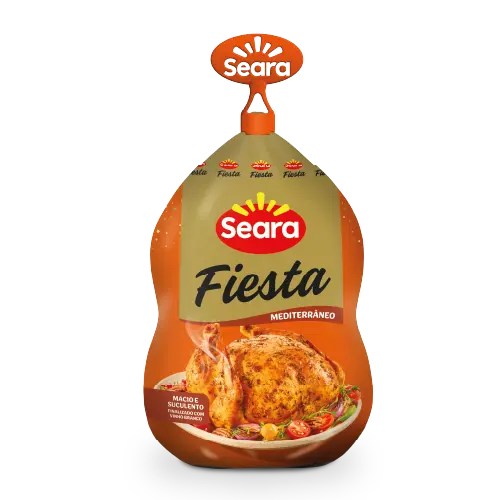 Embalagem da Ave Fiesta Sabor Mediterrâneo Seara, destacando uma ave assada e dourada, acompanhada de guarnições festivas, sugerindo uma refeição saborosa e prática para ocasiões especiais.