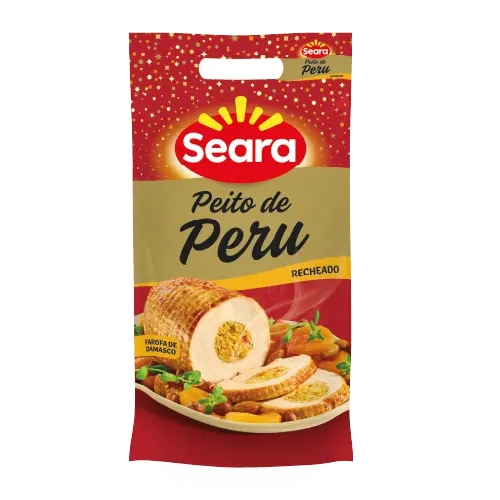 Embalagem do Peito de Peru Recheado Seara, destacando um peito de peru assado e fatiado, com recheio de farofa de damasco, sugerindo uma refeição saborosa e prática para ocasiões especiais.