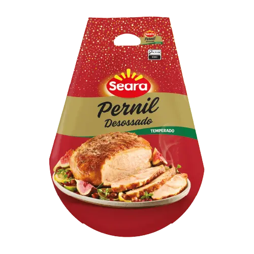 Embalagem do Pernil Desossado Temperado Seara 1kg, destacando um pernil suíno assado e fatiado, com coloração dourada e suculenta, sugerindo uma refeição saborosa e prática para ocasiões especiais.